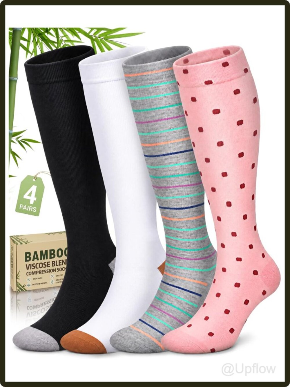 Women's Bamboo Viscose Knee High Compression Socks 4 Pack 15-20 mmHg